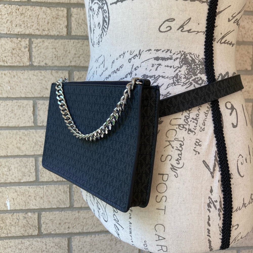 Michael Kors Black Logo Print Belt Bag Fanny Pack With Silver Pull Chain Small